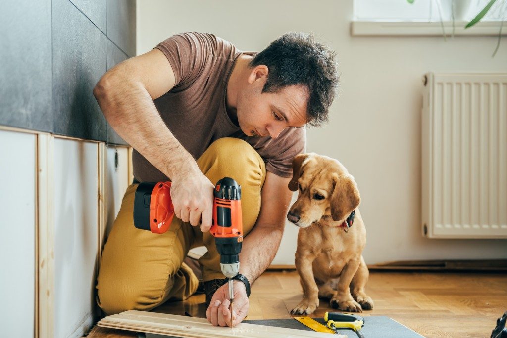 Man doing home renovation with dog beside him